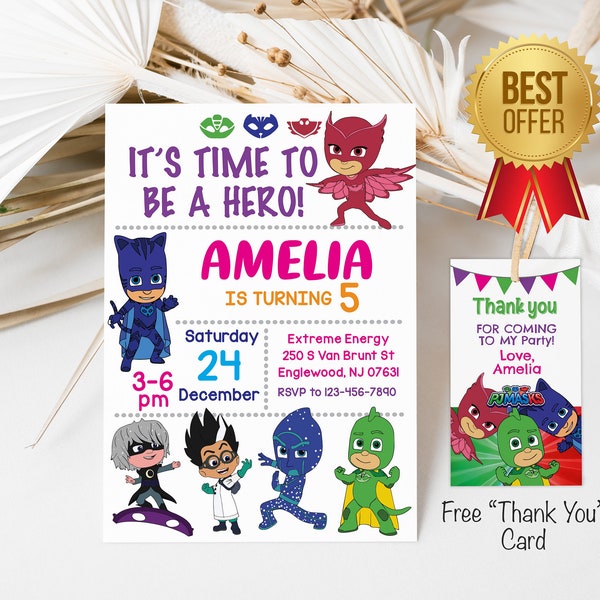 Editable Birthday Invitation, Owlette Pj Masks Birthday Party Invitation, Instant Download Template, Superhero Invitation printable Editable