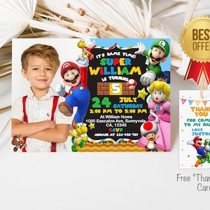 Convite digital de aniversário de menino Super Mario Bros com imagem, convite Super Mario Brothers 7x5, modelo de aniversário de Mario para impressão