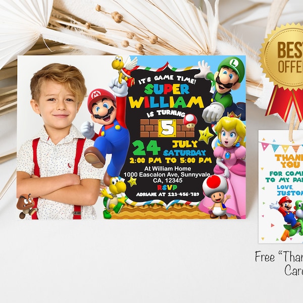 Super Mario Bros Digitale Geburtstag Junge Einladung mit Bild, Super Mario Brothers 7x5 einladen, druckbare Mario Geburtstag Vorlage