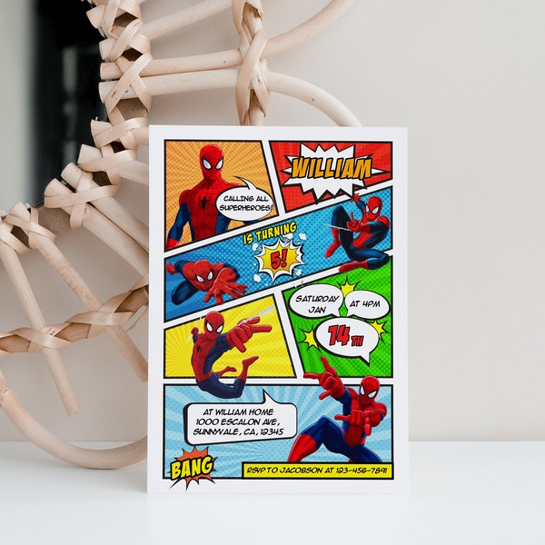 Bearbeitbare Spiderman-Geburtstagseinladung, Spider-Man-Einladung, druckbare Geburtstagskarten-Partyeinladung, digitale Kinderparty-Einladungsvorlage