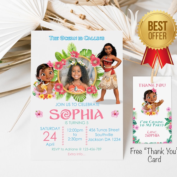 Moana birthday invitation Free Thank you tag, Invite Printable invitation Digital Download Party Editable Template Instant download Corjl