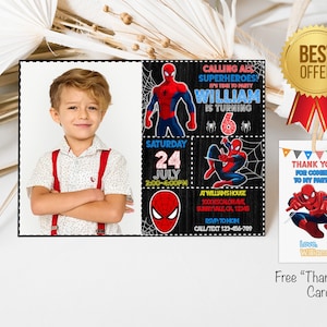 Bewerkbare Spider-Man-uitnodiging met een foto, Spider-Man-uitnodiging, afdrukbare verjaardagskaart-feestuitnodiging, sjabloon voor digitale kinderfeestje