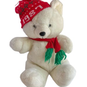 Vintage 1986 Kmart Teddy Bear Christmas Holiday White  Red Hat & Scarf 18&quot;