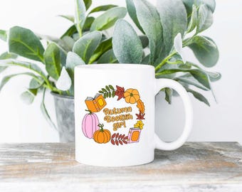 Autumn Bookish Girl Mug | 11oz Ceramic Coffee Cup (Dishwasher Safe)