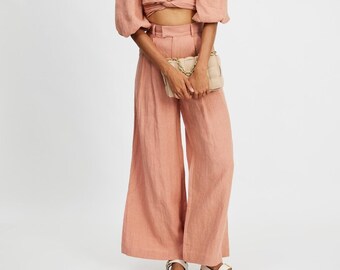 Dusty Pink Wide linen pants, Linen summer trousers for woman