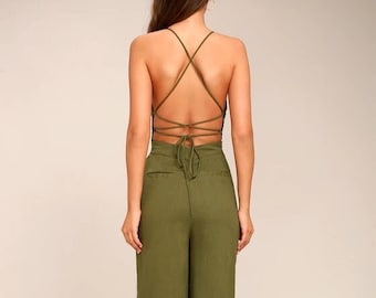 Olive Green Spaghetti Strap Linen Jumpsuit, Wide Leg Romper