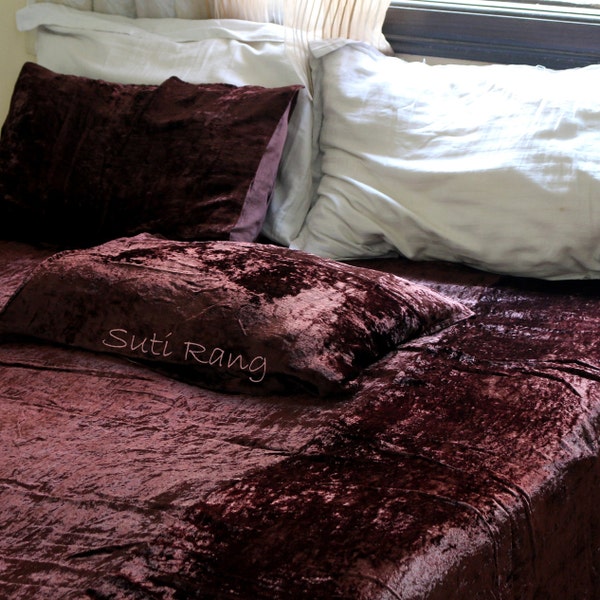 Crushed Velvet Duvet Cover, 3 Piece Velvet Bedding Set, Chocolate Brown Boho Bedding Set