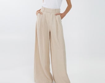 Oat Meal Wide linen pants, Linen summer trousers for woman