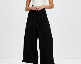 Black Wide linen pants, Linen summer trousers for woman