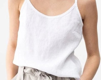 White Linen Camisole, Organic Linen Slip Top, Linen Tank Top, Women Sleeveless Spaghetti Strap Top