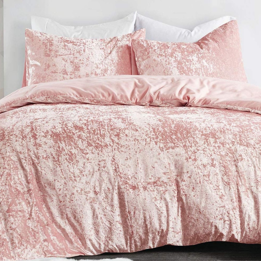 Blush Pink Duvet Cover 3 Pieces Set, Ultra Luxe Crushed Velvet Bedding