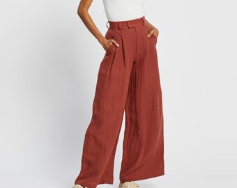 Cinnamon Brown Wide linen pants, Linen summer trousers for woman