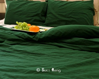 Forest Green Linen Bed Sheet, Emerald Green Pure Linen Flat Sheet, Linen Bed Spread with 2 Pillow Cover, Linen Bedding Set