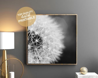 May include: Black and white photograph of a dandelion seed head with a blurred background. The image is framed in a gold frame and displayed on a gray wall.