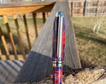 Red, White, and Blue Mont Blanc Style Rollerball Pen with 24k Gold Components, Acrylic Resin Handcrafted Pen, Small Shop, Military Gift