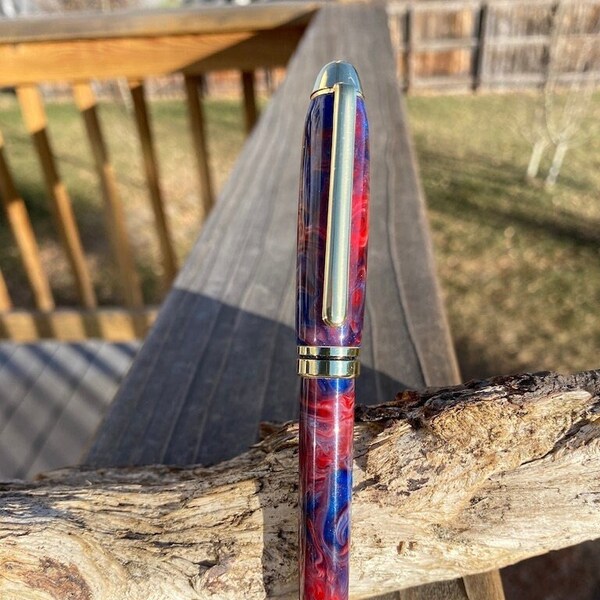 Red, White, and Blue Mont Blanc Style Rollerball Pen with 24k Gold Components, Acrylic Resin Handcrafted Pen, Small Shop, Military Gift