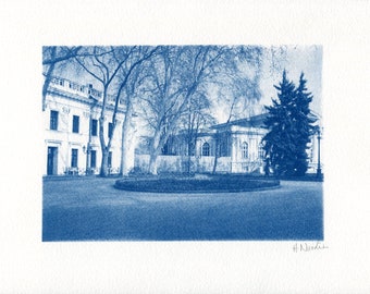 Cyanotype print of The Odessa Archaeological Museum in Pushkins'ka St, Odessa, Ukraine, from an original photograph. Handmade blue wall art.
