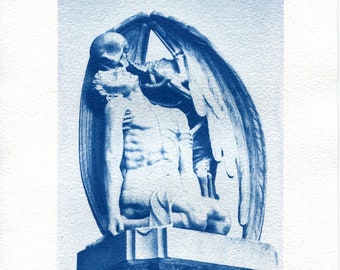 Cyanotype Print: Kiss of Death, Barcelona Cemetery - Handmade Blue Wall Art