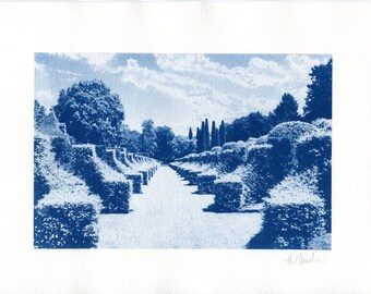 Cyanotype print of the Gardens of Eyrignac Manor, from an original photograph. Handmade blue wall art.