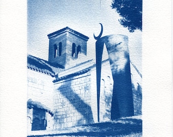 Cyanotype Print: Barcelona Monastery, Handmade Blue Wall Art