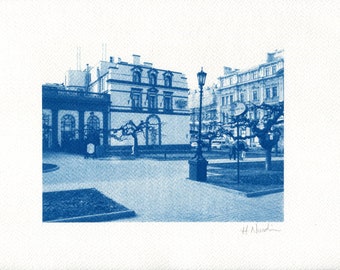 Cyanotype print of The Mozart Hotel in Lanzheronovskaya St, Odessa, Ukraine, from an original photograph. Handmade blue wall art.