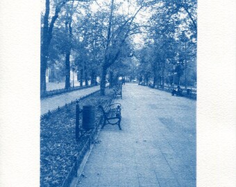 Cyanotype print of The Prymorskyi Boulevard, in Odessa, Ukraine, from an original photograph. Handmade blue wall art.