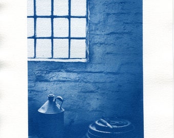 Cyanotype Print: Retro Workshop Bench, Window, Handmade Blue Wall Art