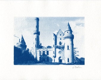 Cyanotype Print: Chateau de Bagnac, France - Handmade Blue Wall Art