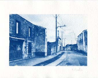 Cyanotype print of La Cité Martyre, Oradour-sur-Glane, from an original photograph. Handmade blue wall art.