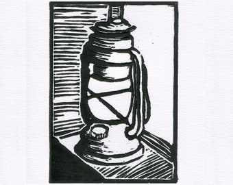 Limited edition Linocut print of a hurricane lamp