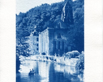 Brantôme Abbey Cyanotype Print: Handmade Blue Wall Art