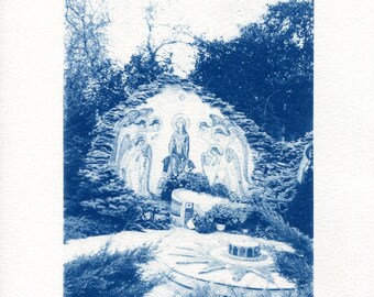 Cyanotype print of an Icon in the Gardens of Uspenskyy Cholovichyy Monastery, in Odessa, Ukraine, from an original photograph.