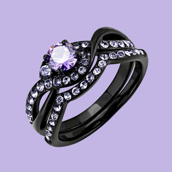 Violet Zirconia Diamond Ring Set, 2pc Black Stainless Steel Simulated Diamond Ring Set, Stackable Wedding Engagement Rings