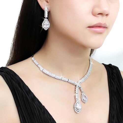 Cubic Zirconia Necklace and Earring Set, CZ Necklace and Earrings, Silver shops Bridal Jewelry Set, Teardrop Diamond Set, Wedding Jewelry Set,