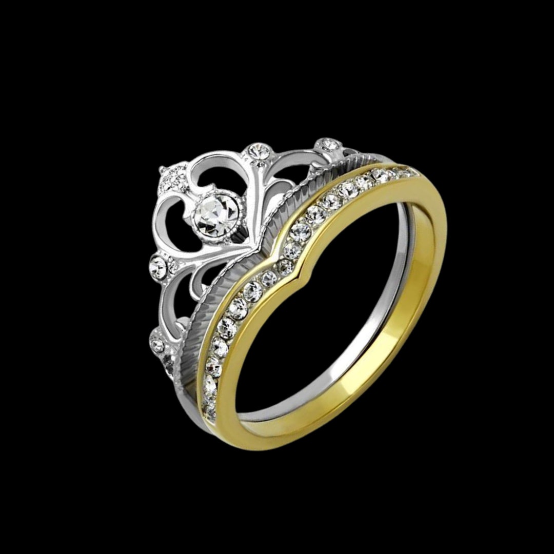 Two Tone Stackable Tiara Crystal Ring Set, Gold Plated Crystal Rings