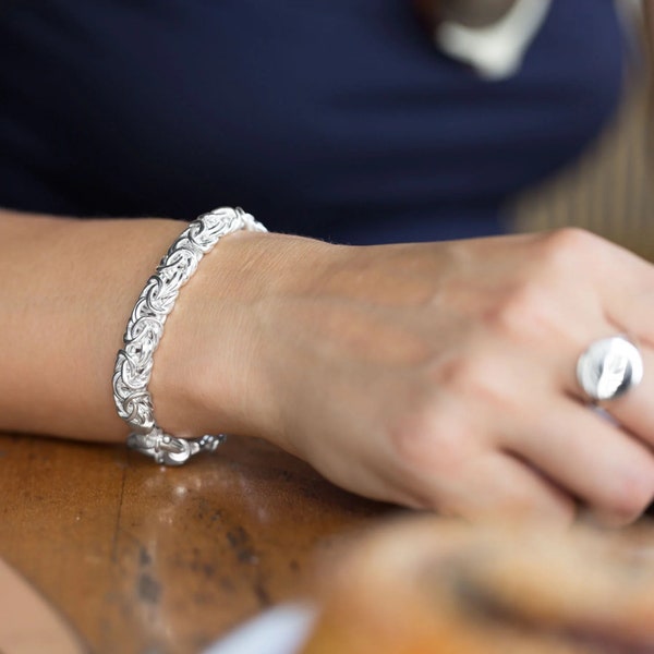 Italian Sterling Silver Byzantine Style Bracelet, Thick Chunky Silver Chain Bracelet, Silver Wedding Anniversary Gift
