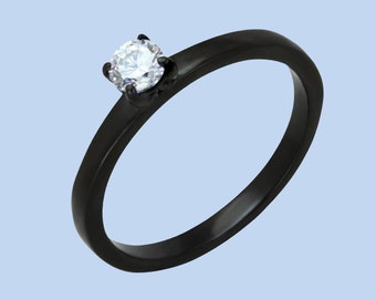 Solitaire Zirconia Diamond Ring, Single Lab Created Diamond on a Black Stainless Steel Band, Inexpensive Man Made Diamond Rings