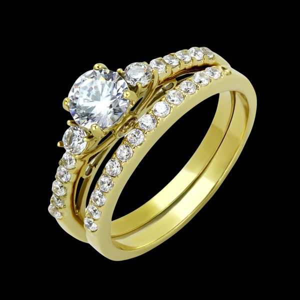 2pc Cubic Zirconia Diamond Wedding Ring Set, Gold Plated Imitation Diamond Bridal Sets, Affordable Simulated Diamond Engagement Ring Set