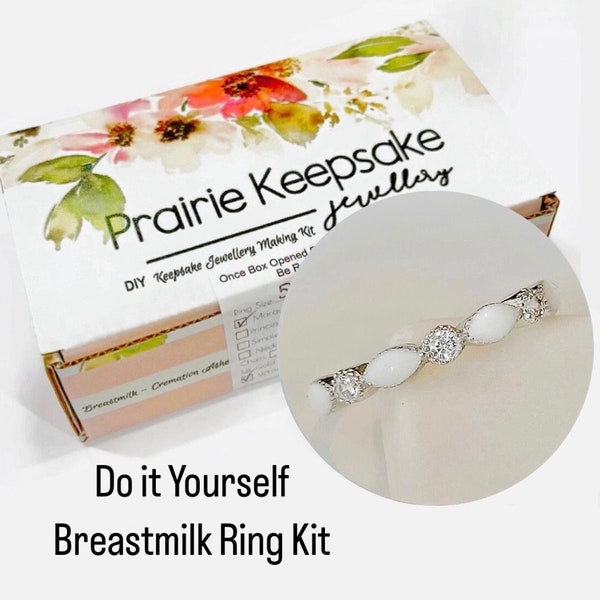 DIY Breastmilk or Cremation Ash  Ring Kit (14k White Gold Plated Marquise Half Band Stackable Ring with Diamond or Birthstones)