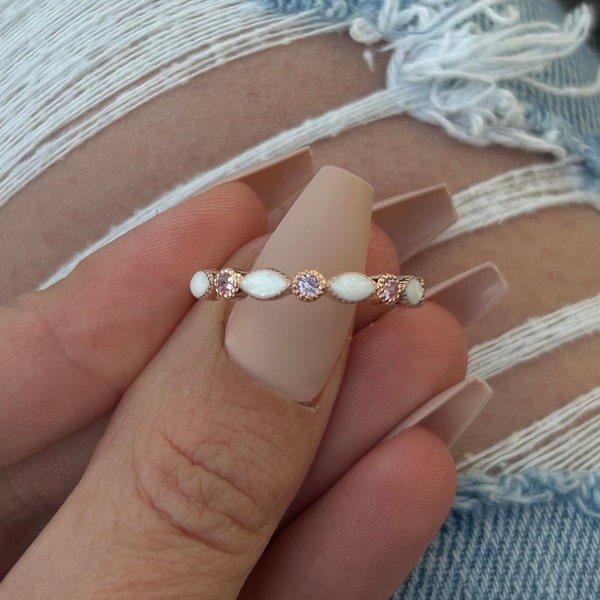 Breastmilk Ring - Rose Gold Plated Silver Marquise Stackable Keepsake Ring with Cubic Zirconia Diamond Stones or Birthstones (Milk Ring)