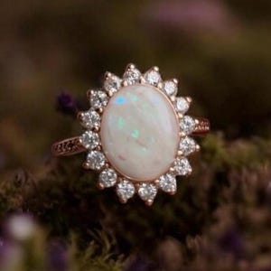 Large Oval Keepsake Ring: Breastmilk or Ashes + Crushed Opal, Cubic Zirconia, 14k Gold Plated.