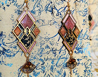 Boucles d'oreilles longues rétro, en laiton doré à l'or fin 24 carats et bois, breloque émaillée, modèle AVA