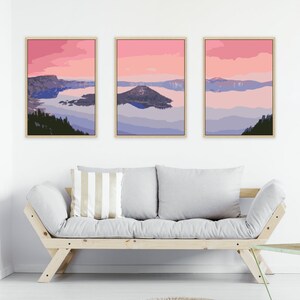 Set of 3 Digital Print, Sunrise Lake, Pink Landscape Wall Art, Printable Digital Wall Art, Digital Home Decor Prints