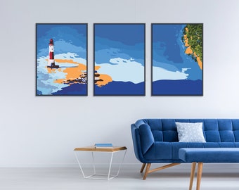 Set of 3 Digital Print, Ocean Lighthouse, Blue Landscape Wall Art, Printable Digital Wall Art, Digital Home Decor Prints