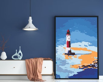 Impresión digital, faro del océano, arte de pared de paisaje azul, arte de pared digital imprimible, impresiones digitales de decoración del hogar
