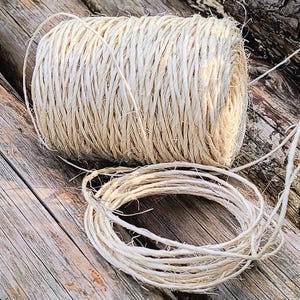 May include: A cylindrical spool of natural beige raffia twine featuring a fibrous, textured surface. A loose, circular coil of the same light-colored, multi-strand cord is positioned directly in front of the main spool, showing its flexible nature.