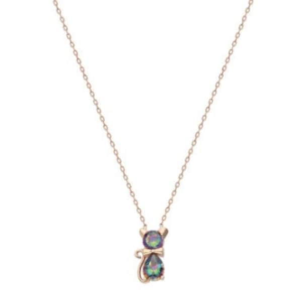 Mystic Topaz 925 Sterling Silver Cat Necklace | Cat Lover Jewelry | Kitty Necklace |  Purple Green Blue Teal Sparkle | Birthstone Pendant