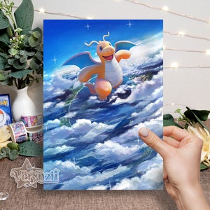 Impressão das nuvens do Dragonite de <br> Entrega Rápida? Arte de cartão colecionável alterada A5 feita à mão