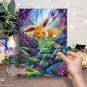 Impressão da floresta de Eevee | Arte de cartão colecionável alterada A5 feita à mão