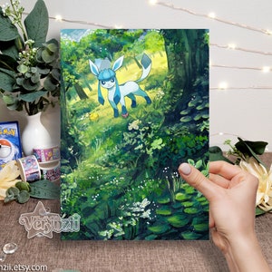 Impressão da floresta de Glaceon de <br> Entrega Rápida? Arte de cartão colecionável alterada A5 feita à mão